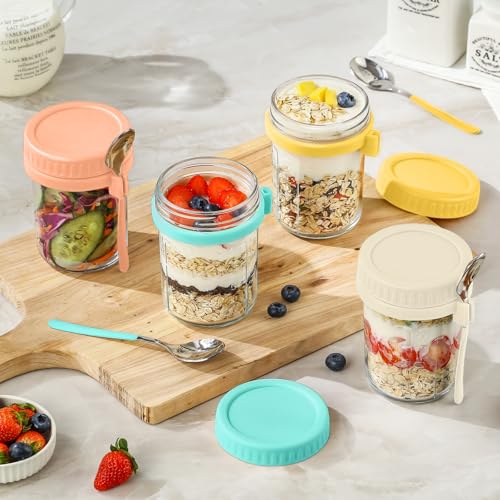 Image of 16 Oz Glass Overnight Oats Containers with Lids and Spoon Chia Pudding Jars