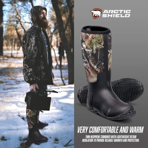 ArcticShield Waterproof Durable Rubber Neoprene Outdoor Boots Insulated Snow Boots Warm Winter Boots for Men Working, Hunting, Fishing (Camouflage, 9)