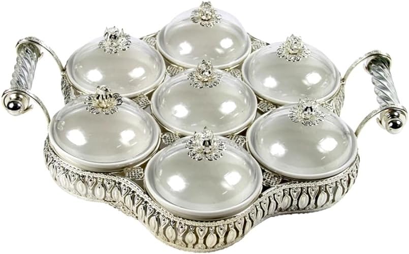 Persian Iranian Armenian Middle Eastern Turnkish Arabic 7-Sectional Salsera Round Serving Tray Chips Guacamole Nuts Condiment Server Traditional Ceramic W/Glass Metal Tops Silver Color