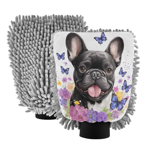 ALAZA Bulldog Puppy Butterfly Car Wash Mitt Scratch Free, 2 Pack Absorbent Microfiber/Chenille Washing & Drying Mitts, M