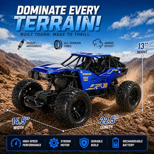 Image of RC Rock Crawler 2WD | Off-Road Monster Truck with Real Smoke Effect, Alloy Body & Rechargeable Battery | Durable Suspension | RC Car for Kids 4+ & Adults | Blue