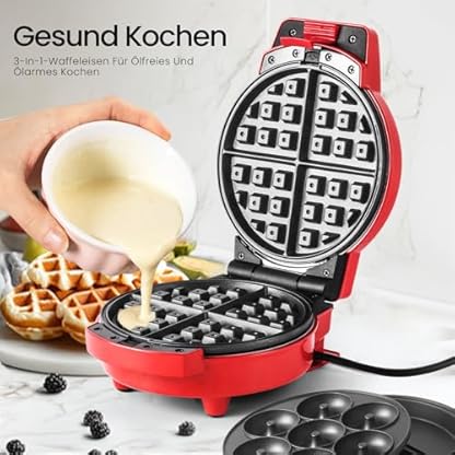 SUPERFLEX 3-in-1 Waffeleisen Rund Multifunktion Snack Machine mit 3 auswechselbaren Backplatten für Waffel, Donut, Omelette, Antihaftbeschichtung 600W – Bild 6