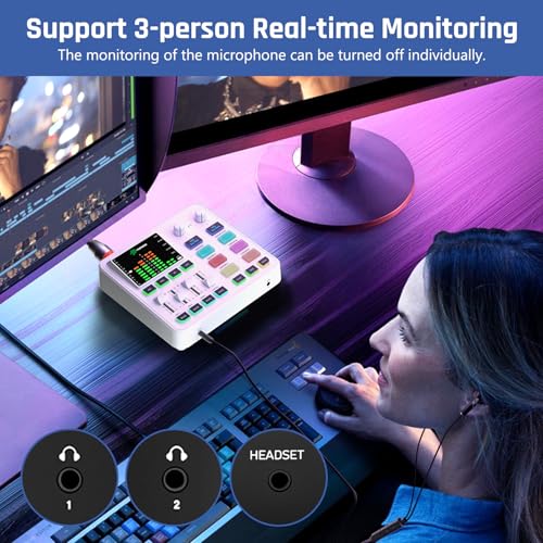 Image of PUPGSIS Gaming Audio Mixer, Audio Interface for PC /Podcast /Streaming, Sound Board with 3.5mm /XLR Mic Input, 48V Phantom Power, Voice Changer, Live Sound Card with DJ Mixer Effects /Bluetooth(White)