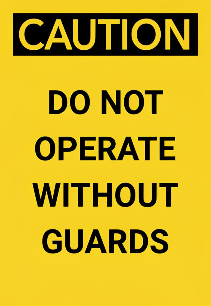 peiyeety Caution DoOperate Without Guards Tin Sign 12x8 Inch, Yellow & Black Metal Safety Warning Plaque, Industrial Shop Garage Workshop Wall Decor, Jobsite Reminder Gift