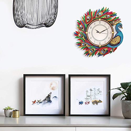 Image of Wooden Peacock Design Wall Clock Round Quartz Analog Decorative Antique Wall Clock for Home Decoration