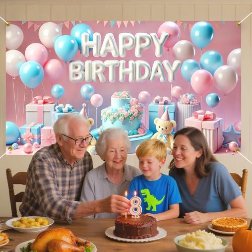 Image of Happy Birthday Backdrop 70.8x43.3in, Pink Blue Pastel Teddy Bear Photography Background Photo Booth Banner Spring Easter Birthday Party Decorations Supplies for Baby Girls Boys Kids Toddlers