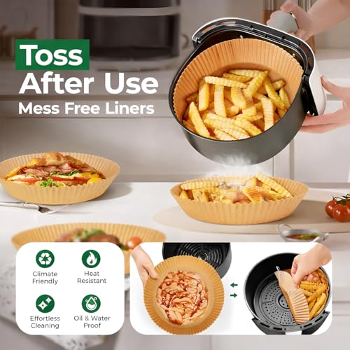 Image of SNMMIFER 100 Pcs Round Air Fryer Paper Sheets, Disposable Parchment Airfryer Paper Sheets, Air Fryer Liners for 5-8 QT, Oil-Proof, Heat Resistant for Frying, Baking, Cooking, Roasting and Microwave