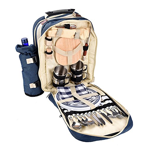 Hnks Picnic Basket 4 Person Blue Picnic Backpack Bag Includes 29 Pieces Dining Set Cooler Compartment To Keep Food Chilled