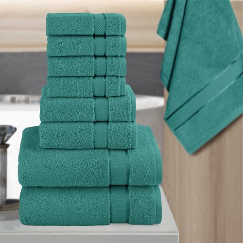 Image of Elegant Comfort Premium Cotton 8-Piece Towel Set, Includes 4 Washcloths, 2 Hand Towels and 2 Bath Towels, 100% Turkish Cotton - Highly Absorbent and Super Soft Towels for Bathroom, Turquoise