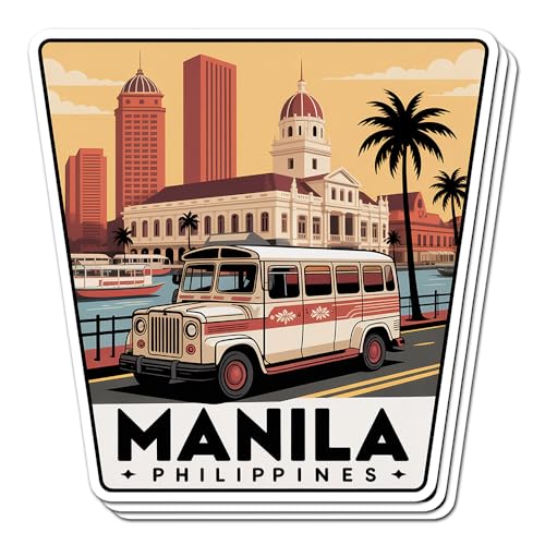 (3 PCS) Manila Philippines Stickers Jeepney & Cityscape Waterproof Decals, Durable Vinyl for Laptops, Tumblers, Cars, Great Gift for Proud Filipinos 3 Inches