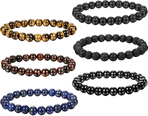 FIBO STEEL 6 Pcs 8MM Natural Healing Stone Bracelets for Men Women Beaded Bracelets Elastic,6A