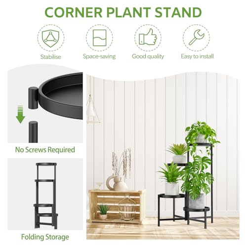 Image of iDavosic.ly 4 Tier Large Plant Stand Indoor with 10 Inch Wide Tray, Tiered Corner Metal Outdoor Flower Display Holder Shelf, Folding Tall Rack for Patio Porch Living Room, Modern Black