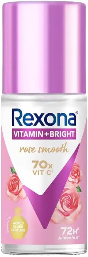 Vitamin+ Bright Rose Glow Antiperspirant Roll-On for Women, 45ml - 72-Hour Sweat & Odor Protection, with Vitamins C, B3, E for Brighter Underarms