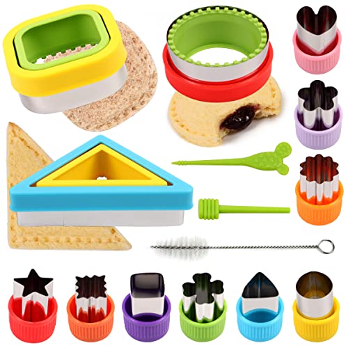 Sandwich Cutter and Sealer,Bread Sandwich Decruster Maker DIY Cookie Cutters for Kids Bento Box,Round Square Trilateral Shapes Sandwich Cutters with 9 pcs Fruit Vegetable Cutter Shapes (Multicolor)