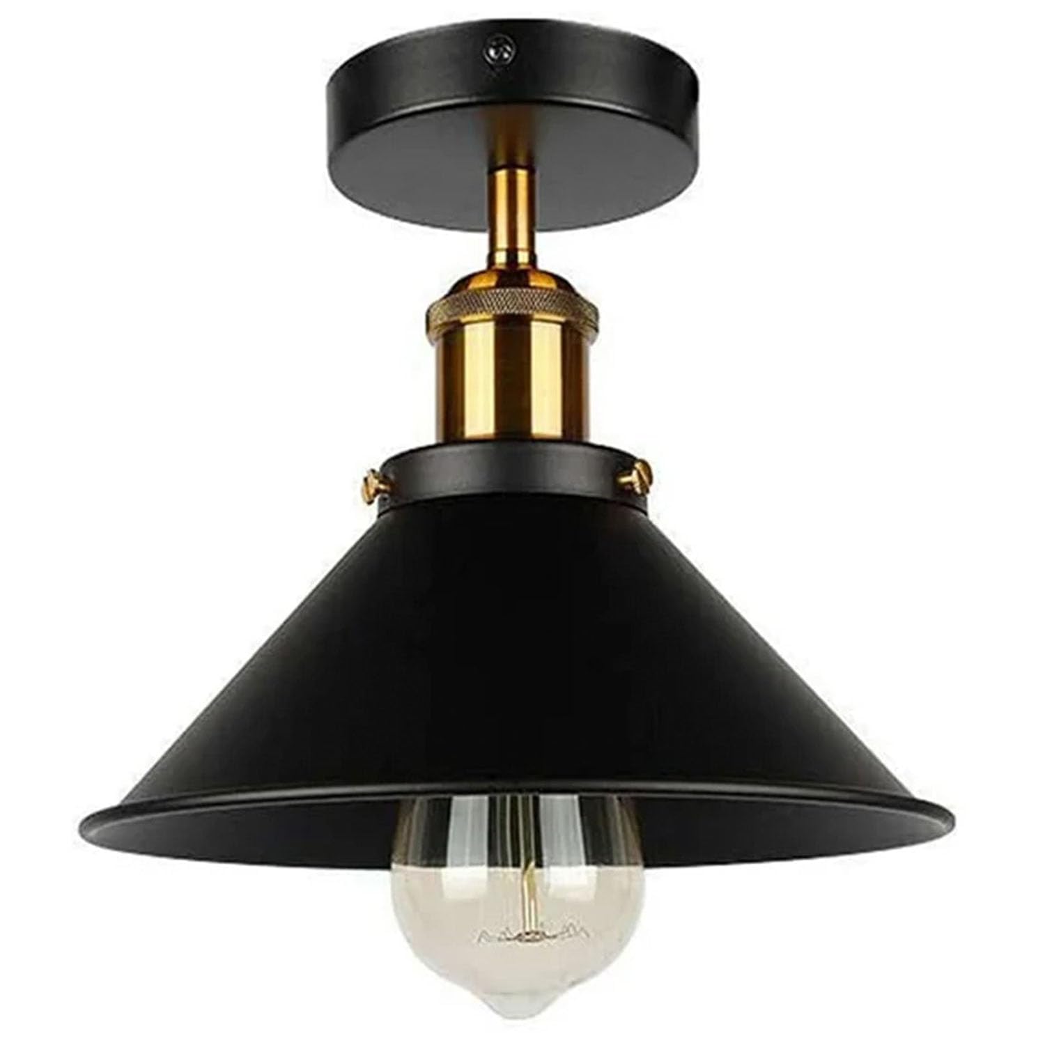 DC VOLTAGE Vintage Flush Mount Ceiling Lighting Semi Flush Light Fitting Metal E27 Lamp Holder 22cm Cone Light Shade for Hall, Living Room, Lounge (Black with Bulb)