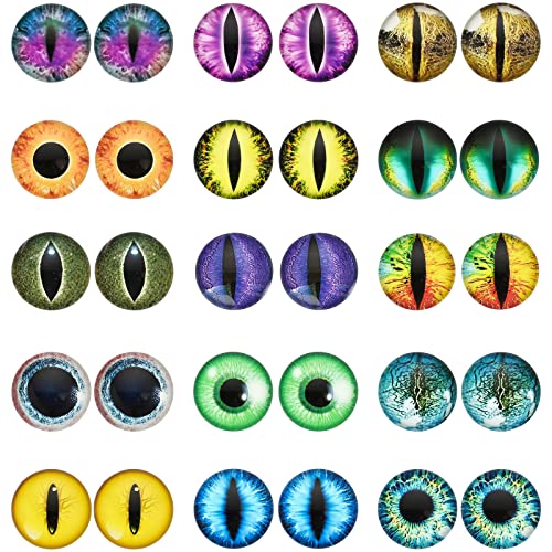 CHGCRAFT 30Pcs Luminous Cat Eyes Glass Cabochons Glow in The Dark Half 15 Style Round Animal Eyes Flatbacks Googly Eyes for DIY Craft Necklace Bracelet Making 20mm
