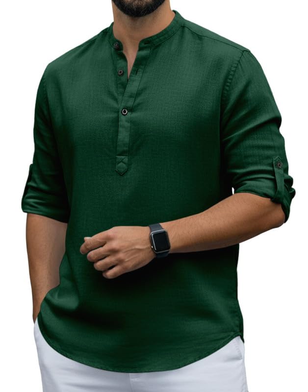 Image of Men Cotton Blend Mandarin Collar Casual Kurta Shirt | Roll-Up Sleeves | Regular Fit Ethnic Short Kurta for Daily