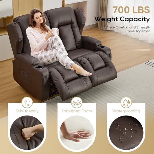 Image of IPKIG 54.2 inch RV Loveseat Recliner Sofa, Faux Leather Wall Hugger Reclining Chair with Cup Holder and Side Pockets, Home Theater Seating Manual Recliner for Living Room (Brown, Loveseat)