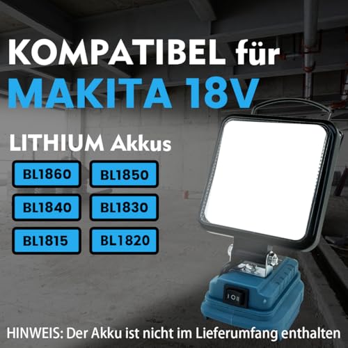 Akku Lampe für Makita 18V Akku（Ohne Akku）48W 4800LM Led Arbeitsleuchte, Strahler Tragbares Flutlichter Baustellen Lampe,mit 2 USB für Camping, Autoreparaturen