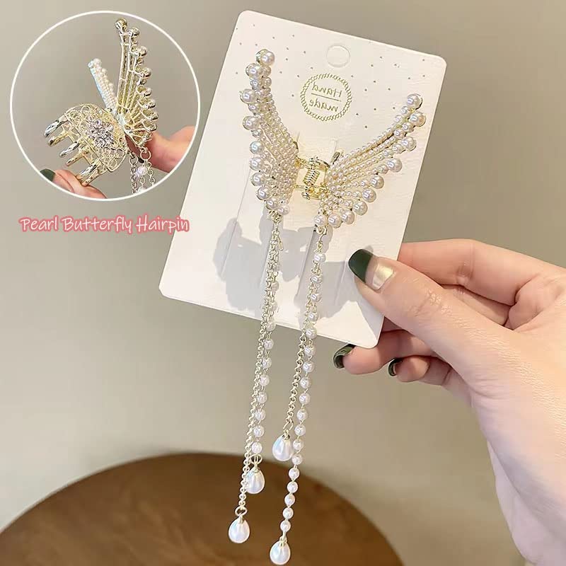 Image of BAKEFY Korean Style Metal Hair Claw Clip for Women & Girls | White & Gold Butterfly Hair Clutcher | Pearl & Stone Jaw Clamp Hair Accessory | Bridal, Wedding & Party | 1 Piece