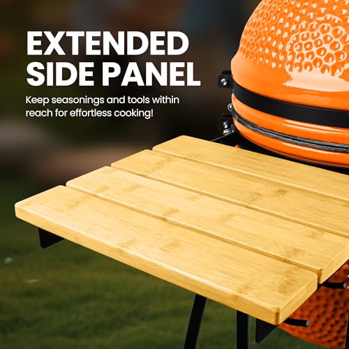 Image of London Sunshine 15-inch Ceramic Kamado Charcoal BBQ Grill & Smoker with Locking Casters, Foldable Side Shelves, Stainless Steel Grates, and Tall Stand (Orange)