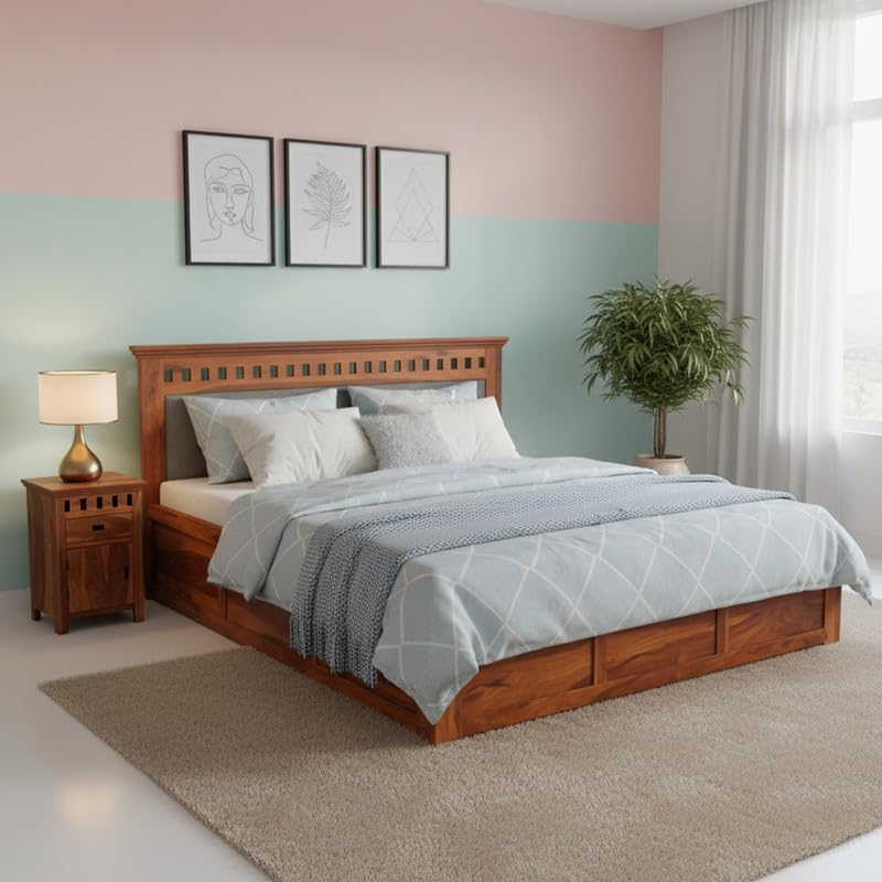 Image of Amazon Brand - Solimo Solid Sheesham Wood Kuber Queen Size Upholstered Bed with Box Storage + 2 Bedside | Wooden Queen Size Cot Bed | Double Bed with 2 Bedside Furniture for Bedroom (Honey Finish)