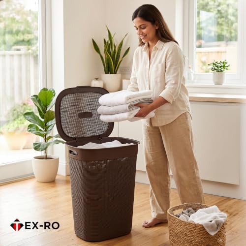 Image of TEX-RO 55L Laundry Basket with Lid, Brown Plastic Clothes Storage Basket with Handles, Large Dirty Clothes Hamper for Laundry, Bathroom & Bedroom, Multipurpose Storage Basket for Home