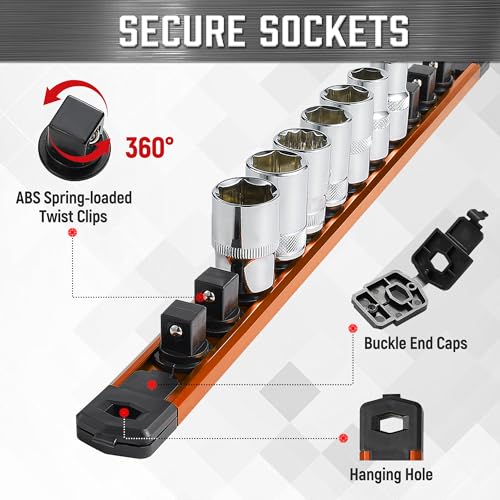 Image of ALOANES 1 /2-Inch Drive Magnetic Socket Organizer, Heavy Duty Aluminum Socket Rail Organizer, 360 Swivel Clips Socket Rail Set For Sockets Storage, 1 /2-Inch Socket Holder x 12 Clips (Orange)