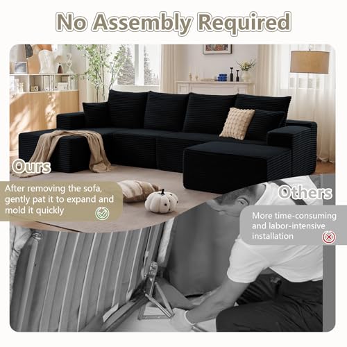 Image of Lakifun 135 inch L-Shape Sofa with Ottoman, Modern Modular Sectional Comfy U-Shape Cloud Couch, Deep Seat, Upholstered Corduroy Sleeper Chaise Longue for Living Room Bedroom, No Assembly Required, Black