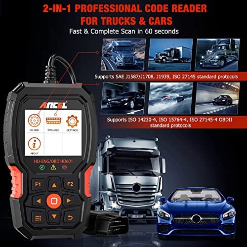 ANCEL Heavy Duty Truck Scanner HD601 All System Diesel Diagnostic Scan Tool fits for Cummins, Detroit, Freightliner, International, Paccar, Check Engine for Truck & Car 2 in 1 Code Reader
