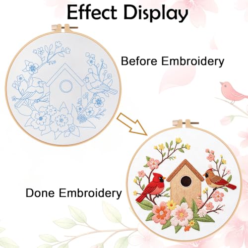 Image of Louise Maelys Cardinal Birdhouse Flowers Embroidery Kit for Beginners