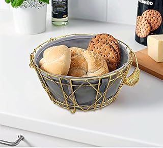 XIAOMIANYANG Bread Basket with Fabric Liner Cloth Cover Wire Rectangle Metal Iron Bread Proofing Serving Basket for Roll Storage Table Display Pantry Round Gold Grey