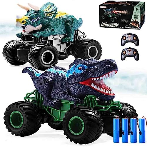 Yamaester 2 Pack RC Dinosaur Cars Remote Control Truck Toys for Kids with Light, Sound & Spray All Terrain Electric Car Toys Gifts for Boys 3,4,5,6,Years Old