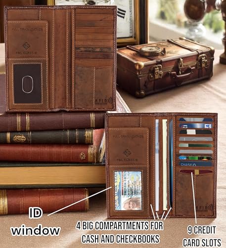 Image of F&L CLASSIC Men's RFID Vintage Look Genuine Leather Long Bifold Wallet Checkbook Wallets,brown,240-80