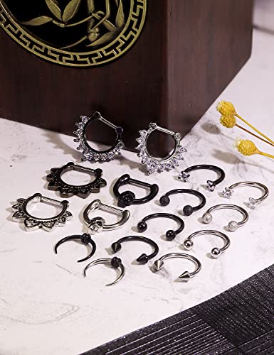 Hoeudjo Septum Clicker Rings 16G Surgical Steel Nose Hoop Rings Retainer Body Piercing Jewelry with Clear CZ Women Men U & D Shaped Daith Helix Tragus Lip Cartilage Earrings 8 Pieces3