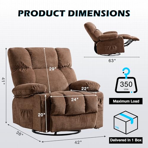 Image of MAHOMICO Recliner Chair Oversized Swivel Rocker with Vibration Massage & Lumbar Heating, 360 Swivel, USB Charging Port, Cup Holders & Side Pocket for Living Room