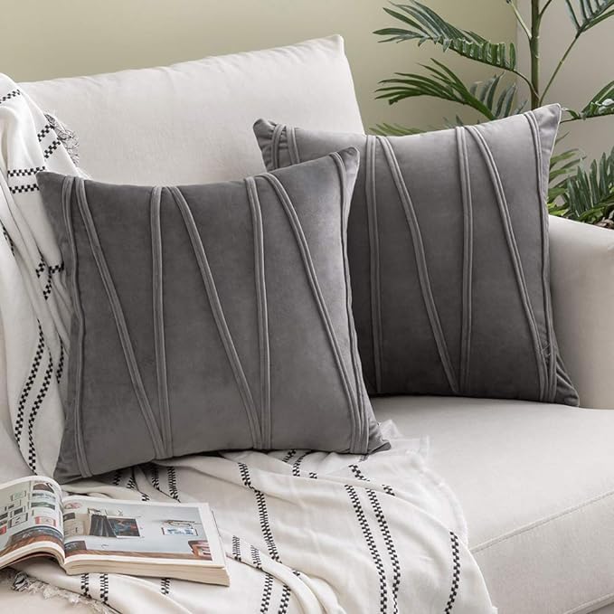 Image of Amazon Brand - Umi Decorative Striped Throw Pillow Covers 22 X 22 Inch,Soft Solid Velvet Pillow Covers Cushion Case with Zigzag Pattern for Sofa Bedroom 55 X 55 Cm (Pack of 2) Grey