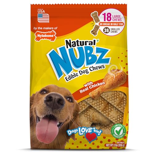 Nylabone Nubz Natural Dog Treats Long Lasting Chew Bones Made in the USA Chicken Flavor Breath Freshener Large Bones For Dogs Over 30 lbs. (18 Count)
