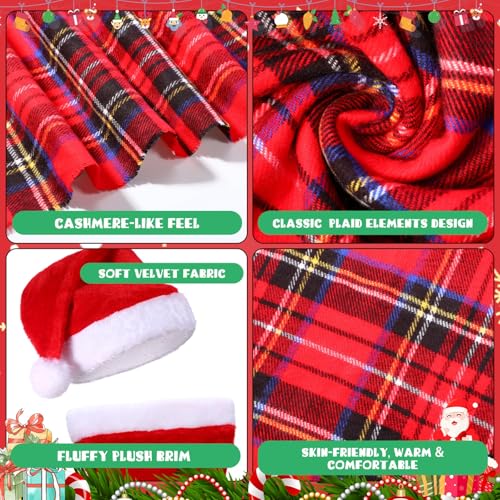 Coume 8 Pcs Christmas Santa Hat and Scarf Set Buffalo Plaid Scarfs Velvet Christmas Hat4