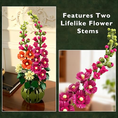Image of CUBIMANA Flowers Botanicals Alcea Rosea Building Set for Adults, Ages 12+ | Artificial Flowers & Plants for Home Office, Bedroom or Desk Decor, 974PCS Birthday Christmas Housewarming Gift for Women Men