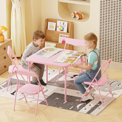 Image of JOYMOR Kids Folding Table and Chairs Set, 5-Piece Metal Frame Activity Set with Easy-Fold Design for Playroom & Classroom (Pink)