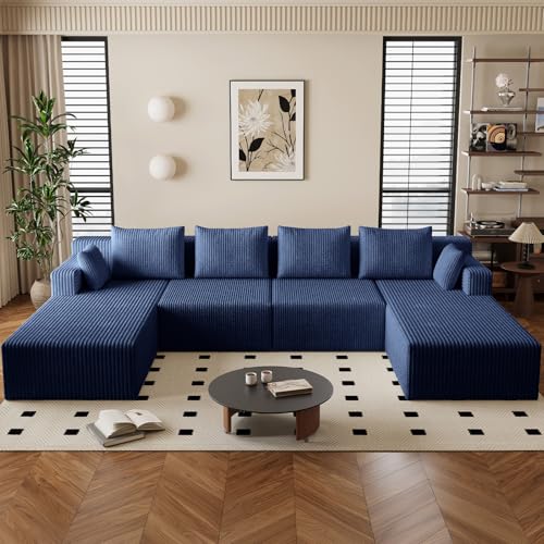 Image of 142 inch Cloud Sectional Boneless Couches for Living Room, Modular U Shaped Couch with 2 Chaise, Modern Comfy Deep Seat Corduroy Memory Foam Compressed Sofa for Apartment, Blue