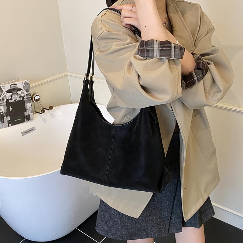Retro Suede Shoulder Bag PU Slouchy Shoulder Bag Solid Colour Tote Handbag Large for Women Work Everyday 5