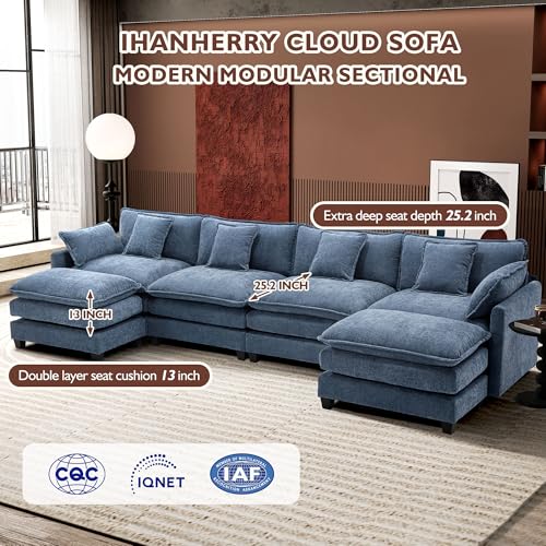 Image of Ihanherry 146 inch U-Shaped Modern Sofa Modular Sectional Cloud Couch with 2 Ottoman, 6-Seat Chenille Deep Seat Sofa with 6 Pillows for Living Room, Bedroom and Apartment, Blue