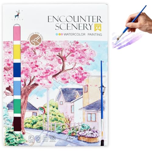JanFebMar Pintura con Libros Agua, Bloc de Acuarelas Adultos Principiantes, Block de Papel Para Acuarela con 16 Colores Incluidos, Libro Anti Estrés Para Relajación y Pintura