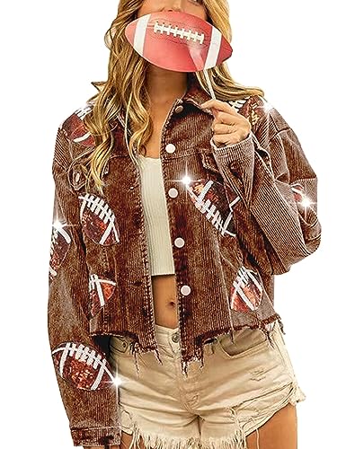 VAOYIU Women's Cropped Corduroy Jacket Rugby Sequin Washed Distressed Button Raw Hem Jacket Coat