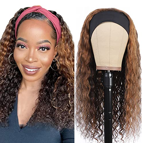Image of Celiarita Highlight Ombre Headband Wig Deep Wave Human Hair Wigs 4 /27 Brazilian Virgin Curly Human Hair Headband Wigs for Black Women 10 Inch