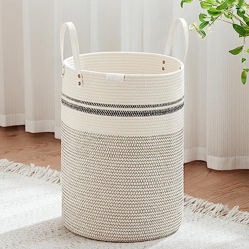 Image of VIPOSCO 72L Tall Woven Rope Laundry Hamper, Leather Handles, Stripe White | Large Wicker Laundry Basket for Dirty Clothes, Blanket, Toy, Towel, Yoga Mat, Storage Bin in Bedroom, Bathroom, Living Room