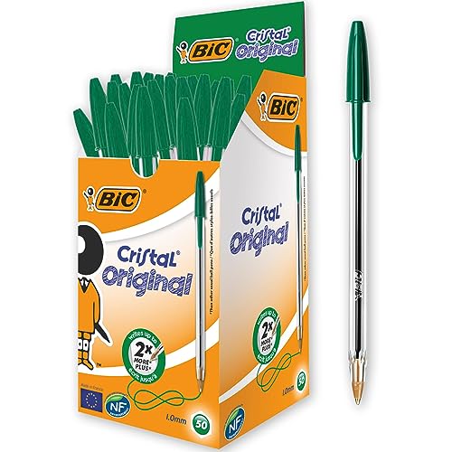 BIC Cristal Original Stylos-Bille Pointe Moyenne (1,0 mm) - Parfait pour l'Ecole et au Bureau - Vert, Boîte de 50