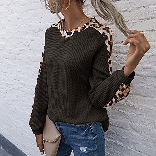 Domary Moda feminina blusa de inverno leopardo com costura com decote em v manga longa pulôver casua